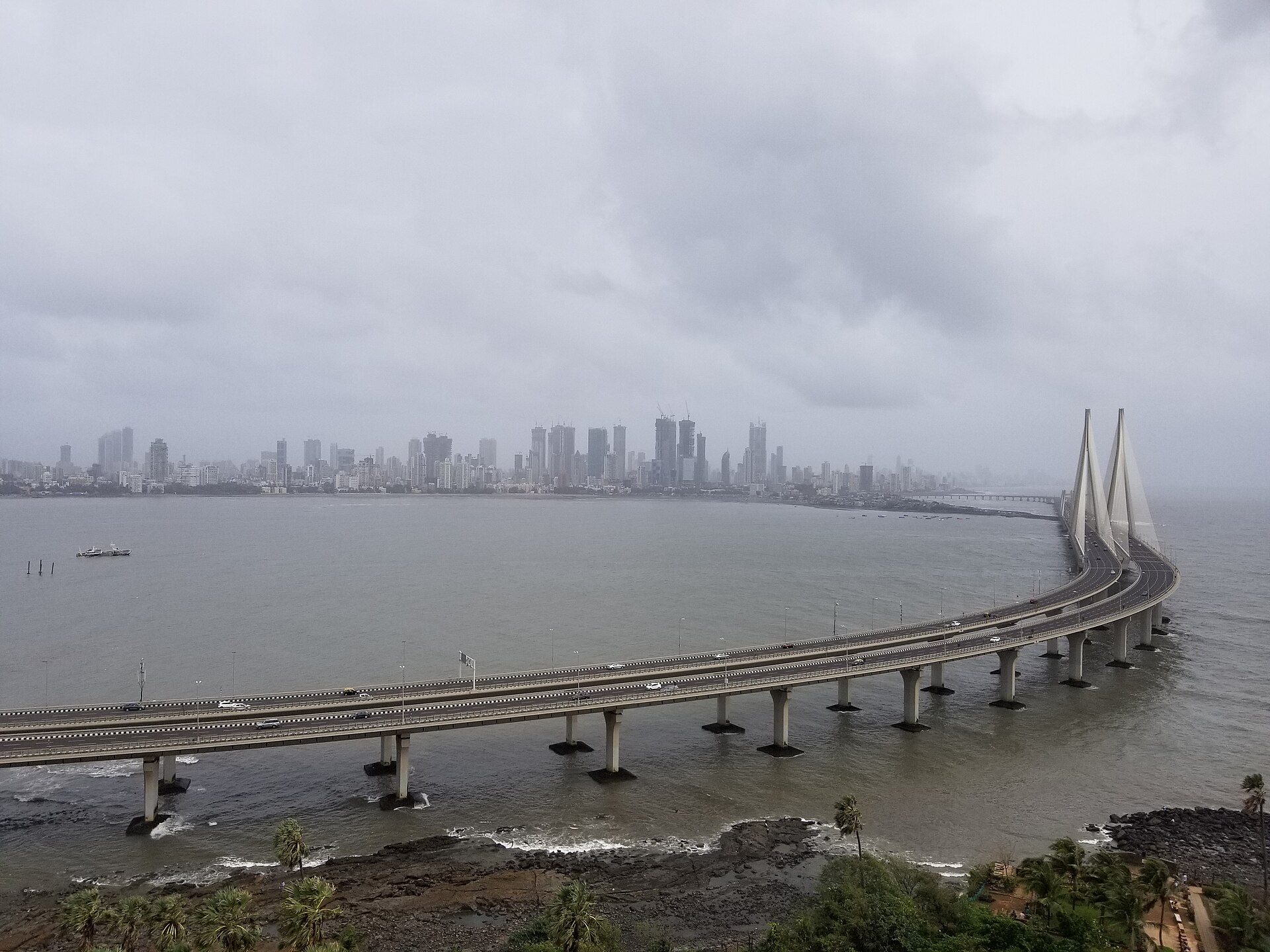 The Bandra Worli Sea Link and the Mumbai skyline across Mahim Bay